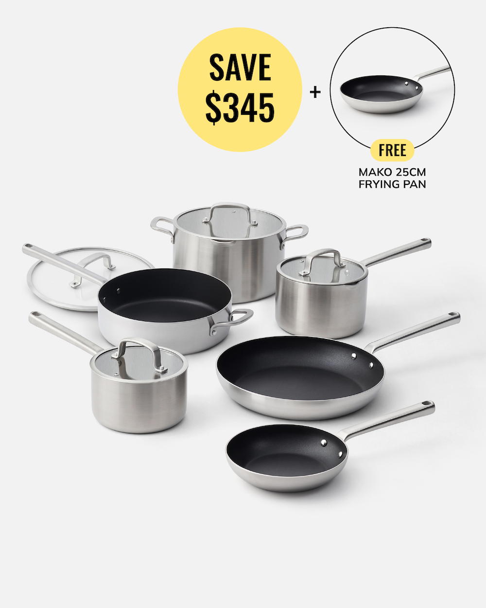 A set of stainless steel cookware with black non-stick interiors, including multiple saucepans, a frying pan, and glass lids, arranged on a light gray background. A yellow promotional badge at the top reads 'SAVE $345' and a callout says 'FREE MAKO 25CM FRYING PAN'.