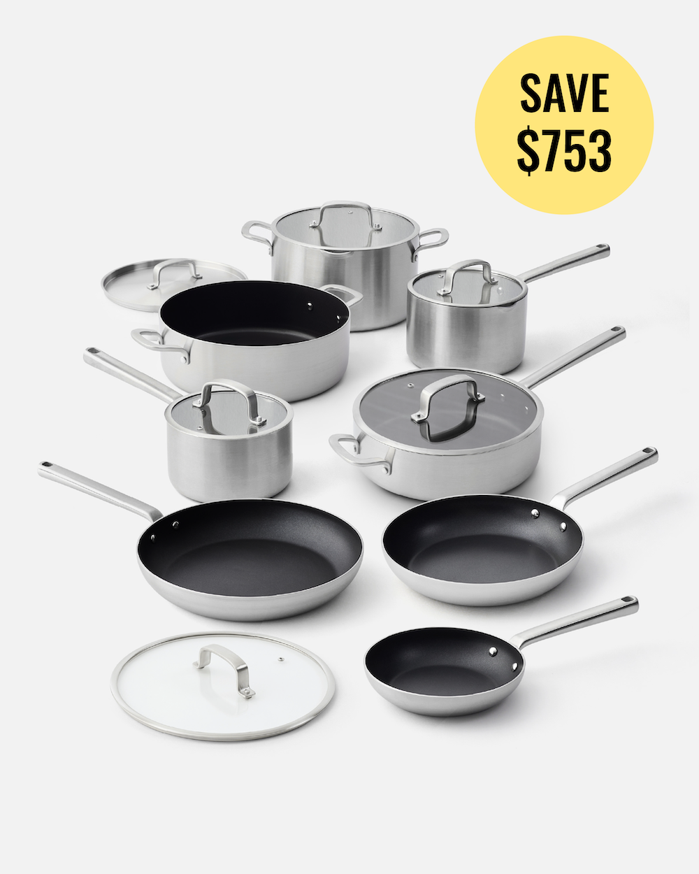 A 10-piece stainless steel cookware set with black non-stick interiors and glass lids, arranged on a light gray background with a yellow 'SAVE $753' promotional badge in the top right corner.