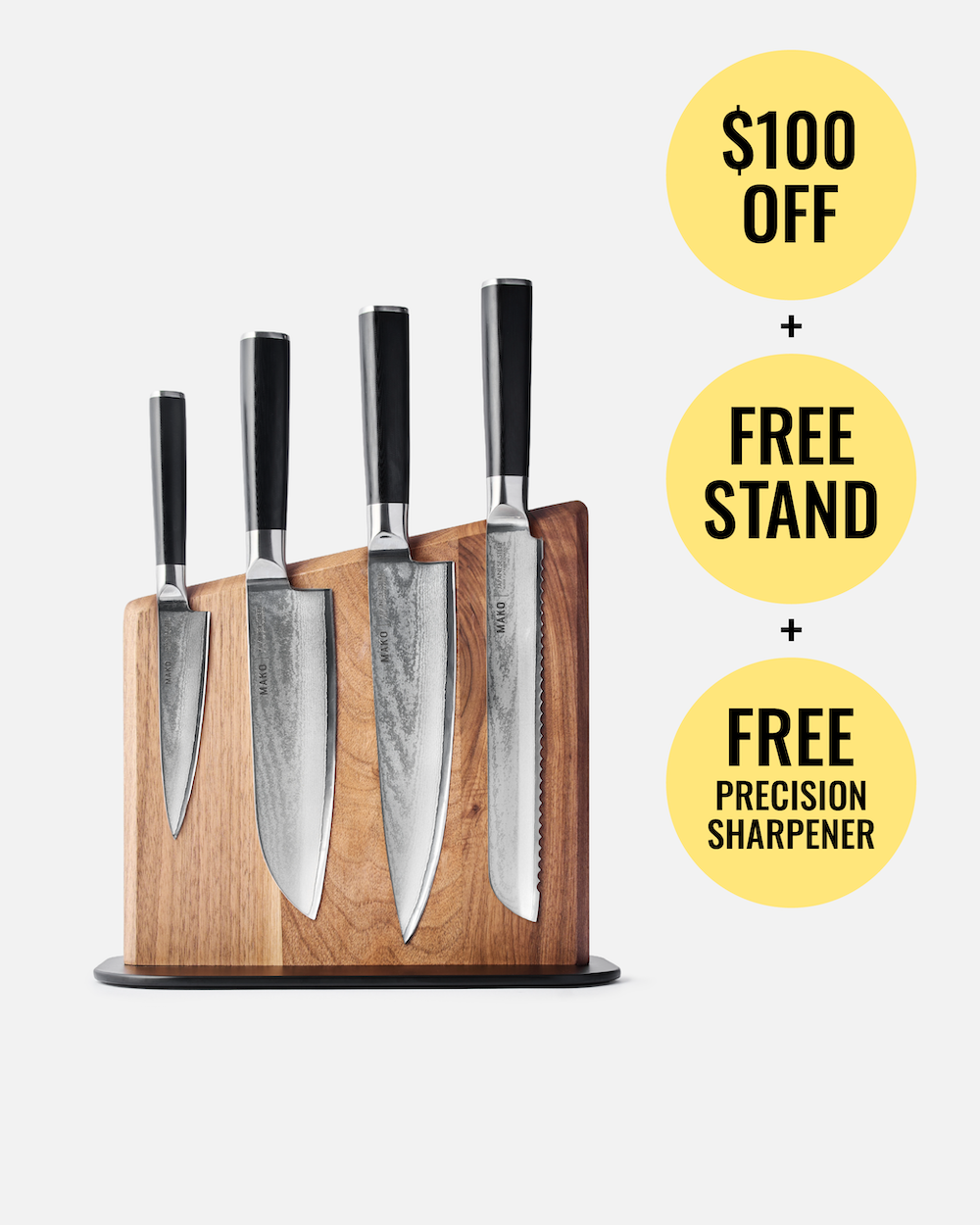 A wooden knife block holding four kitchen knives with black handles, shown on a light gray background with promotional text bubbles offering $100 off, free stand, and free precision sharpener.