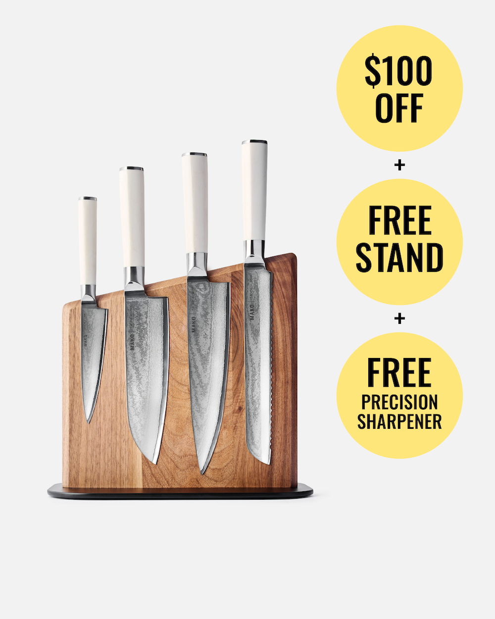 A 5-piece kitchen knife set with white handles and textured steel blades displayed in a wooden stand, alongside promotional text bubbles offering a $100 off and free stand/sharpener.