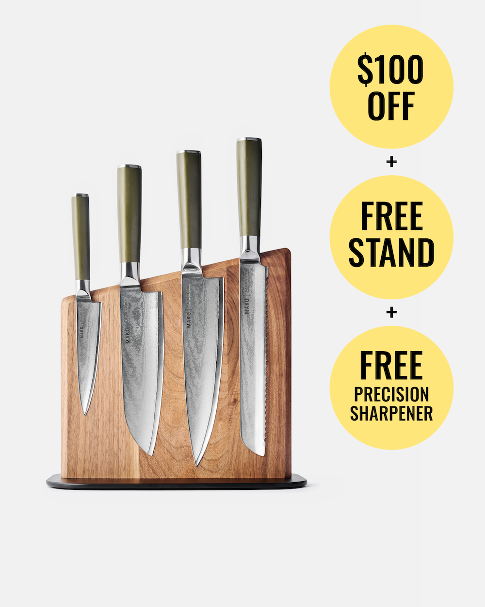 A wooden knife block holding four kitchen knives with olive green handles, shown on a light gray background with promotional text circles offering $100 off, free stand, and free precision sharpener.