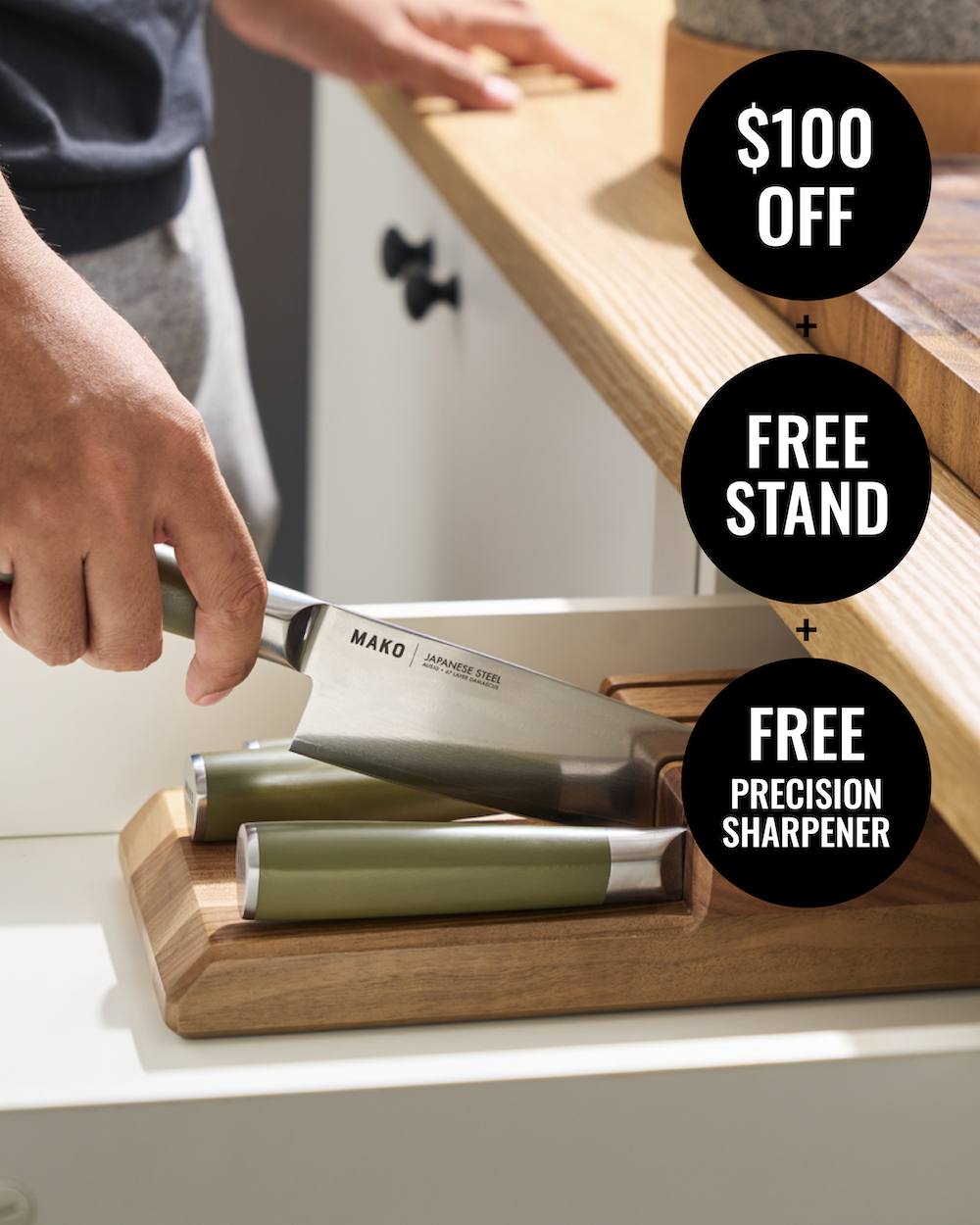 MAKO Japanese Steel Knife Set of 4 - Olive Green In Drawer