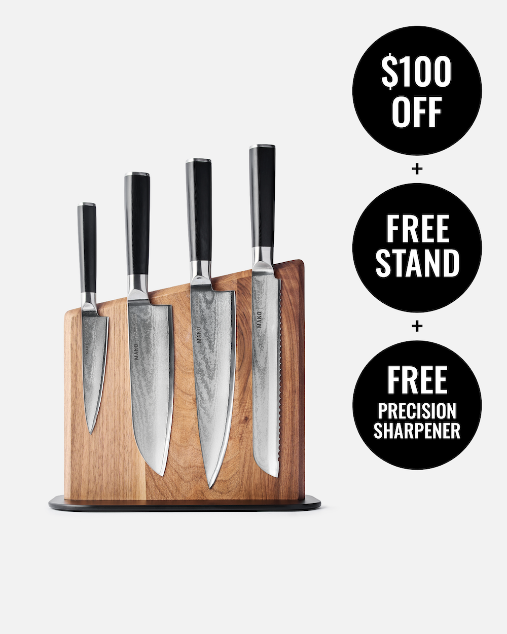 MAKO Japanese Steel Knife Set of 4 - Black Magnetic Stand