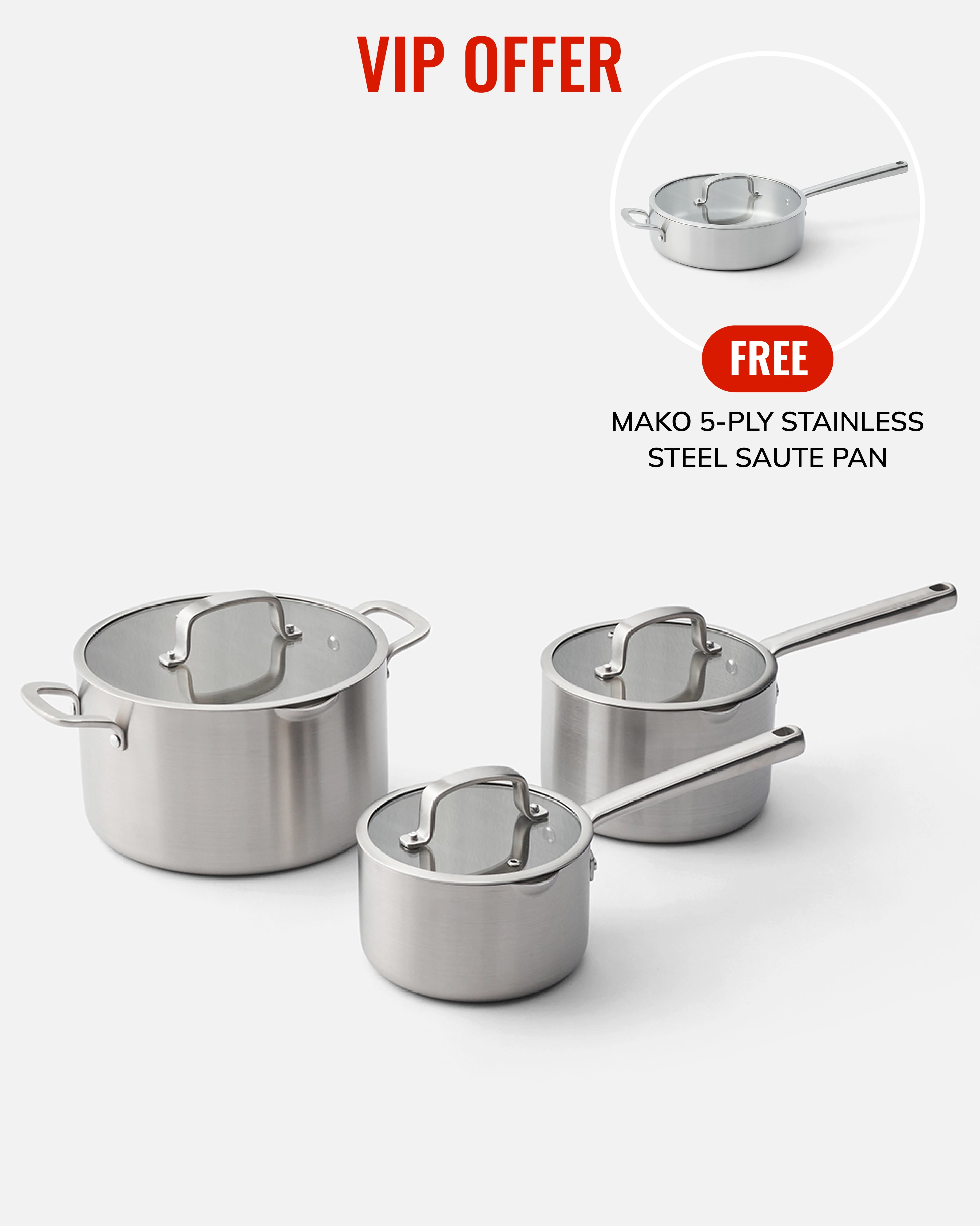MAKO 5-Ply Stainless Steel Saucepan Set (3-piece) - FREE Saute Pan