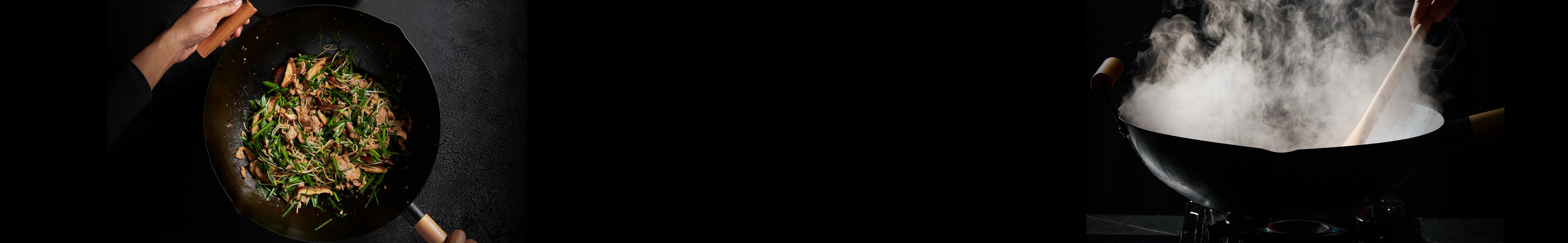 A split-screen view of two cooking scenes on a black background. The left side shows a hand holding a wok with stir-fried green vegetables.