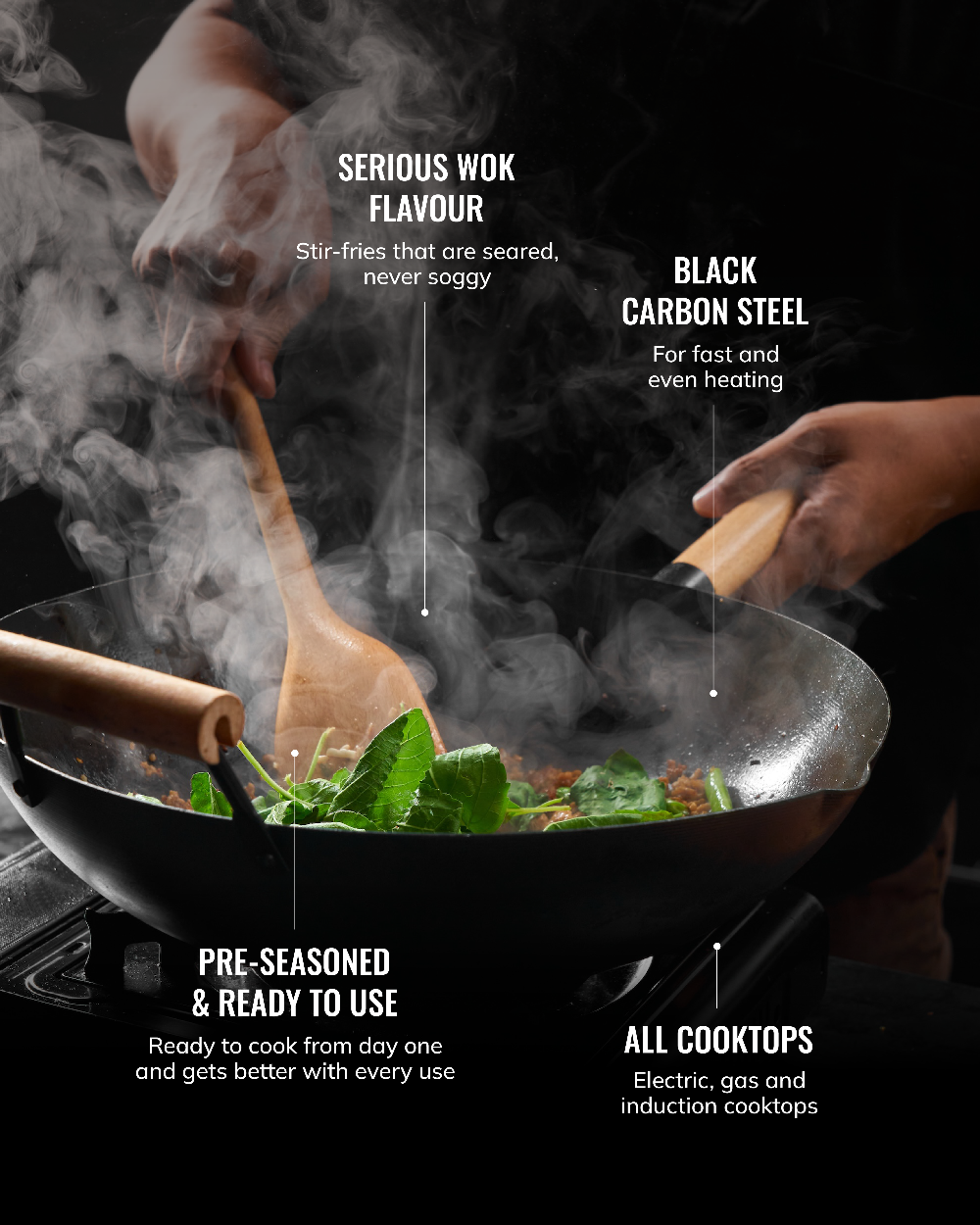 Person cooking in a wok with text highlighting features like serious wok flavor, black carbon steel, pre-seasoned readiness, and compatibility with various cooktops.