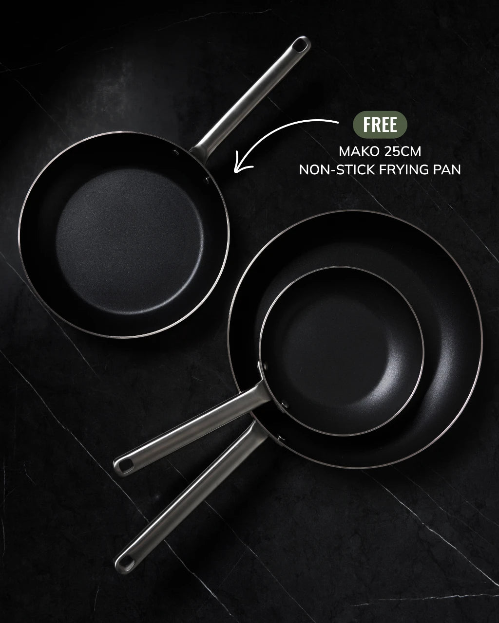 MAKO Genius 5-Ply Non-Stick Frying Pan Duo Offer CookDineHost Pans flat on black marble benchtop