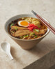 Asoke noodle bowl set of 4 with ramen, pork belly, boiled egg, pickled ginger, and spring onions on stone surface