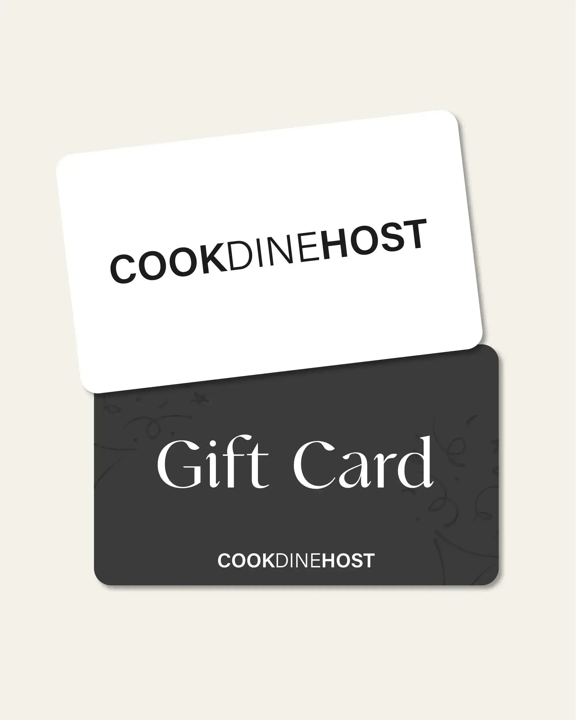 CookDineHost gift card set with black card featuring 'Gift Card' text and white card with CookDineHost logo