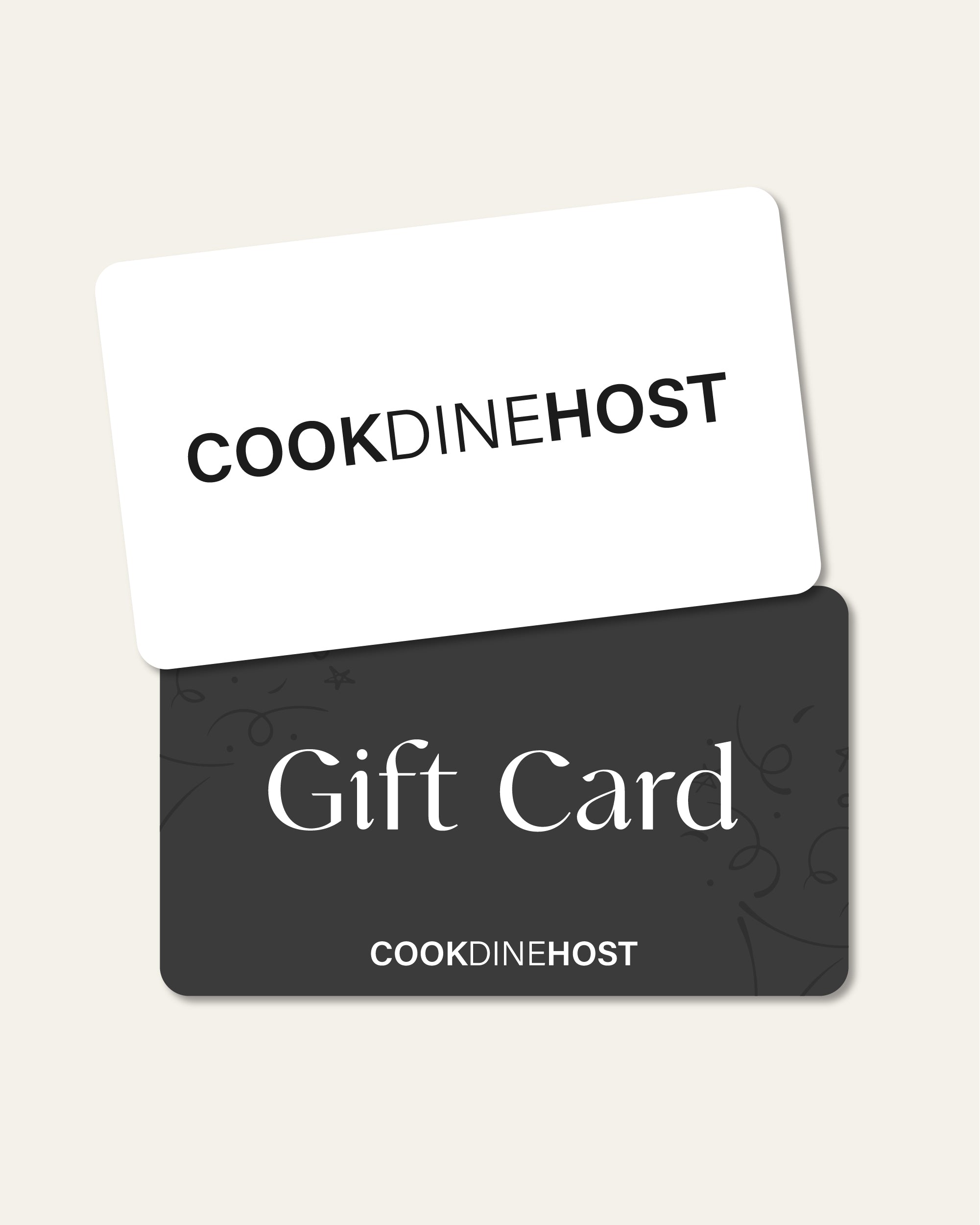 CookDineHost black and white gift card for kitchenware, cookbooks, and homewares.