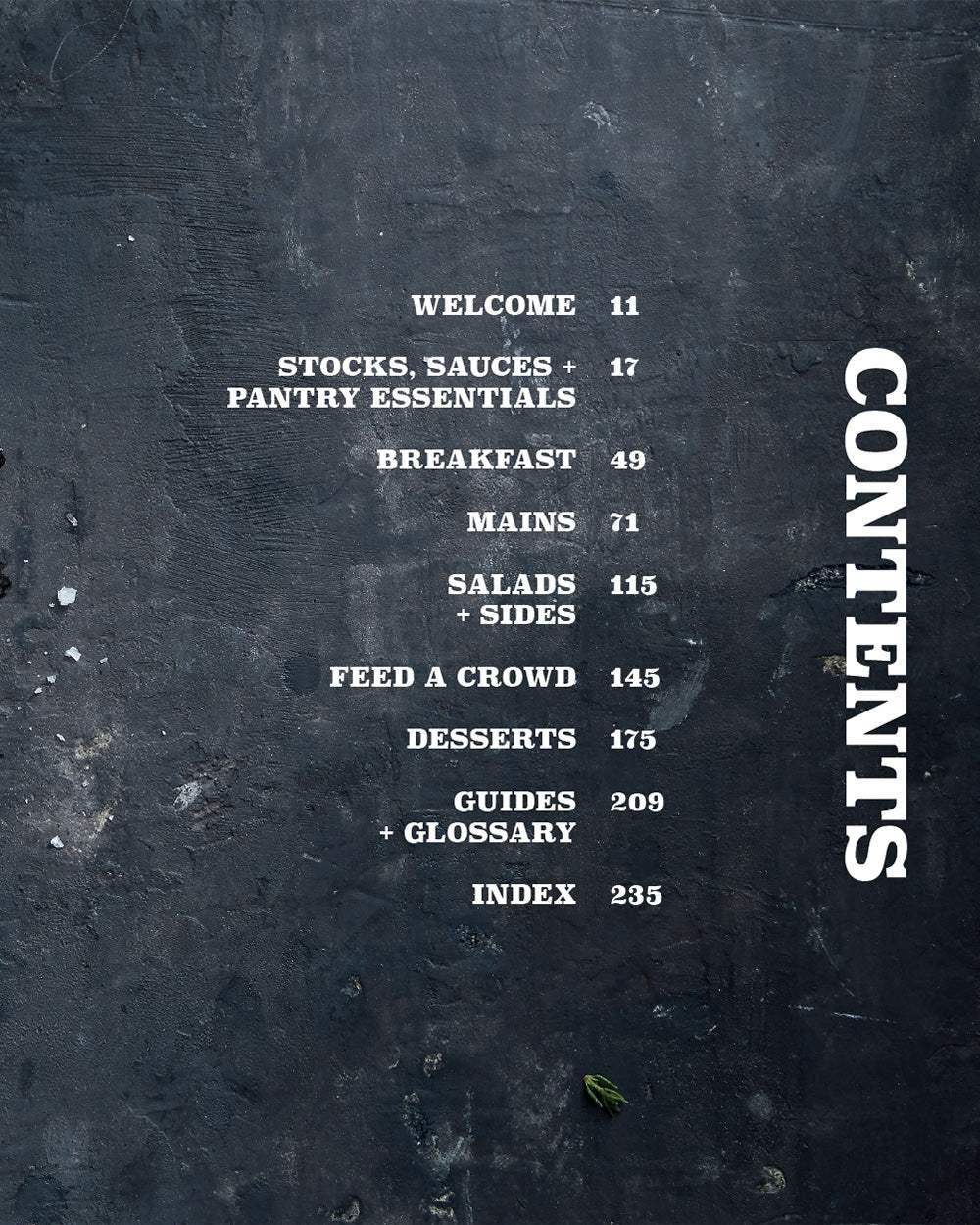 Table of contents page with cooking sections on dark textured background from a cookbook by Marion Grasby