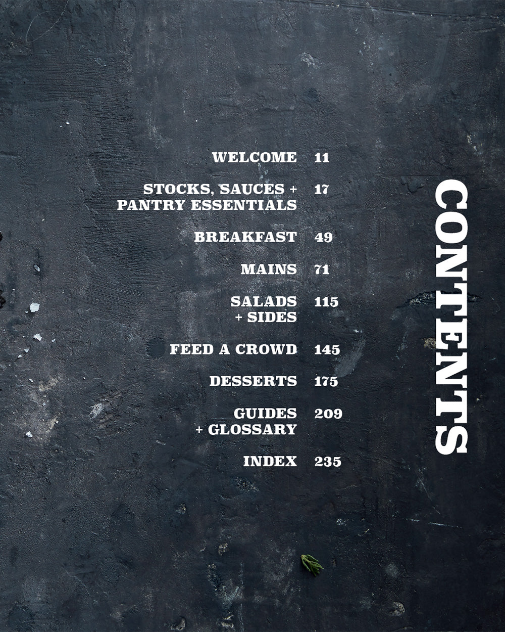 Cookbook table of contents on dark textured background with sections for breakfast, mains, salads, desserts, guides, and index.