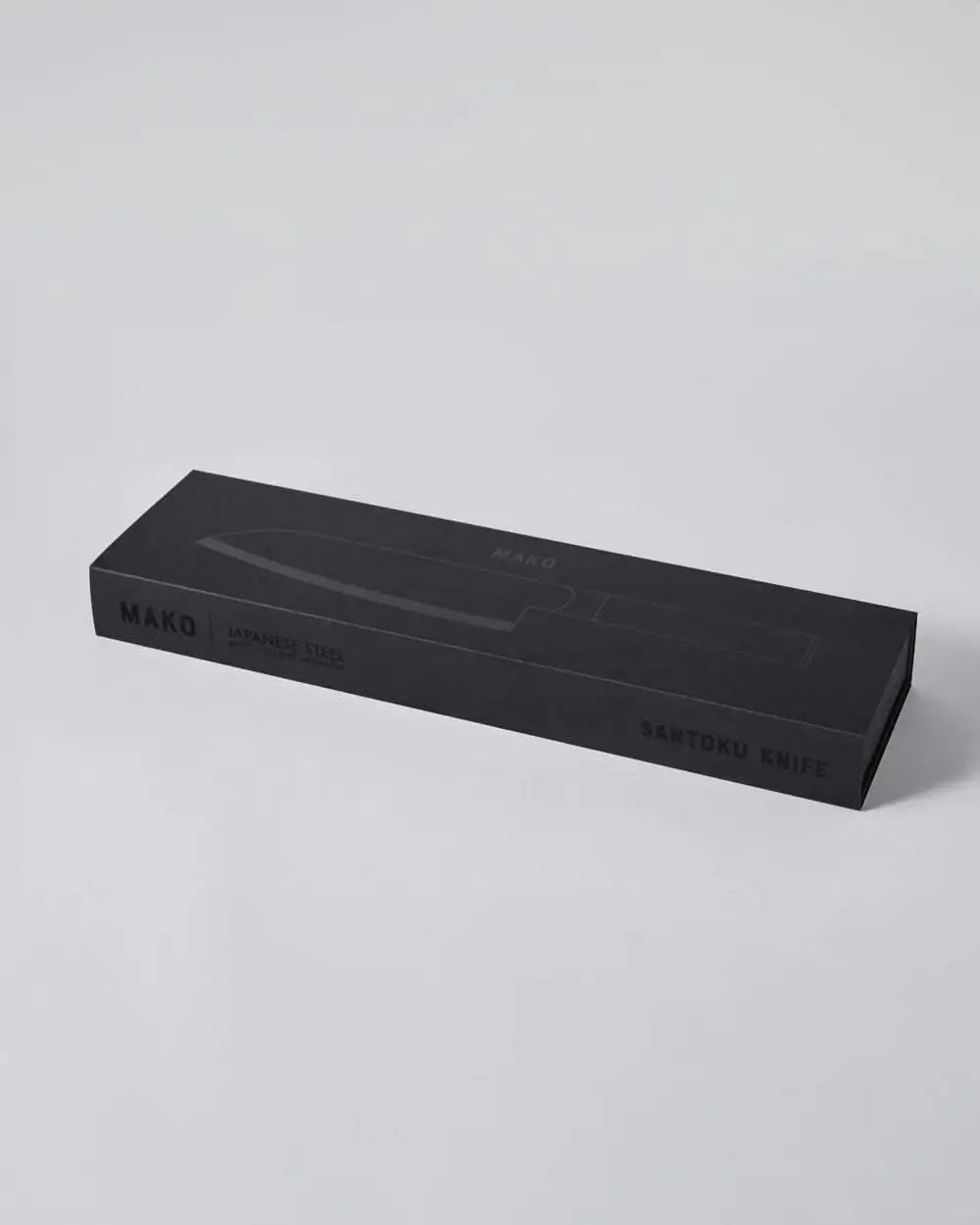 Mako Japanese steel Santoku knife box in black packaging, chef Marion Grasby collection