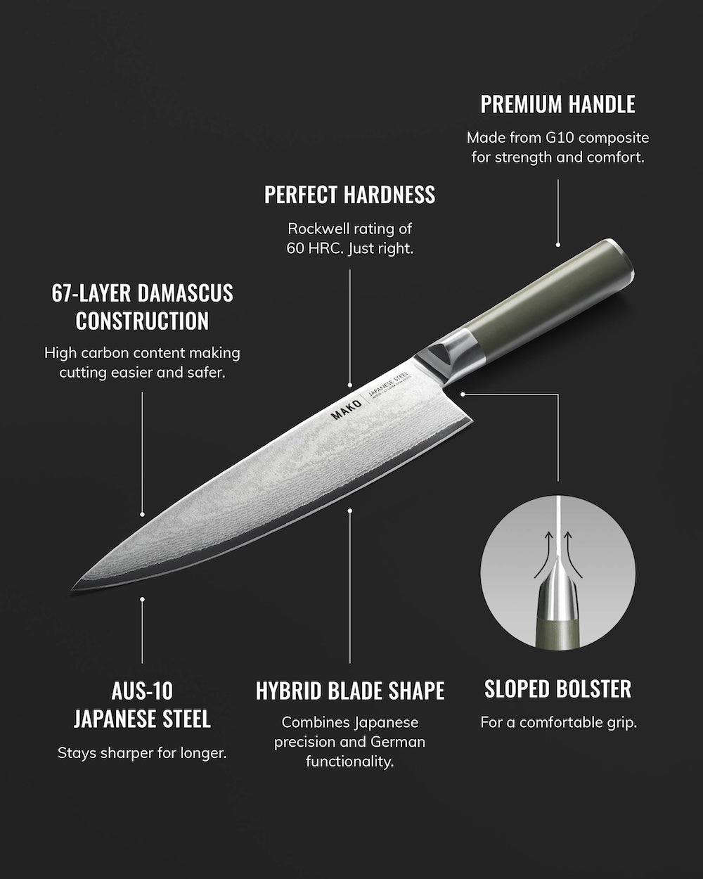 Japanese steel kitchen knife with olive green handle, 67-layer Damascus, and ergonomic design.