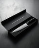 8-inch Japanese steel chef knife with olive green handle in open black gift box
