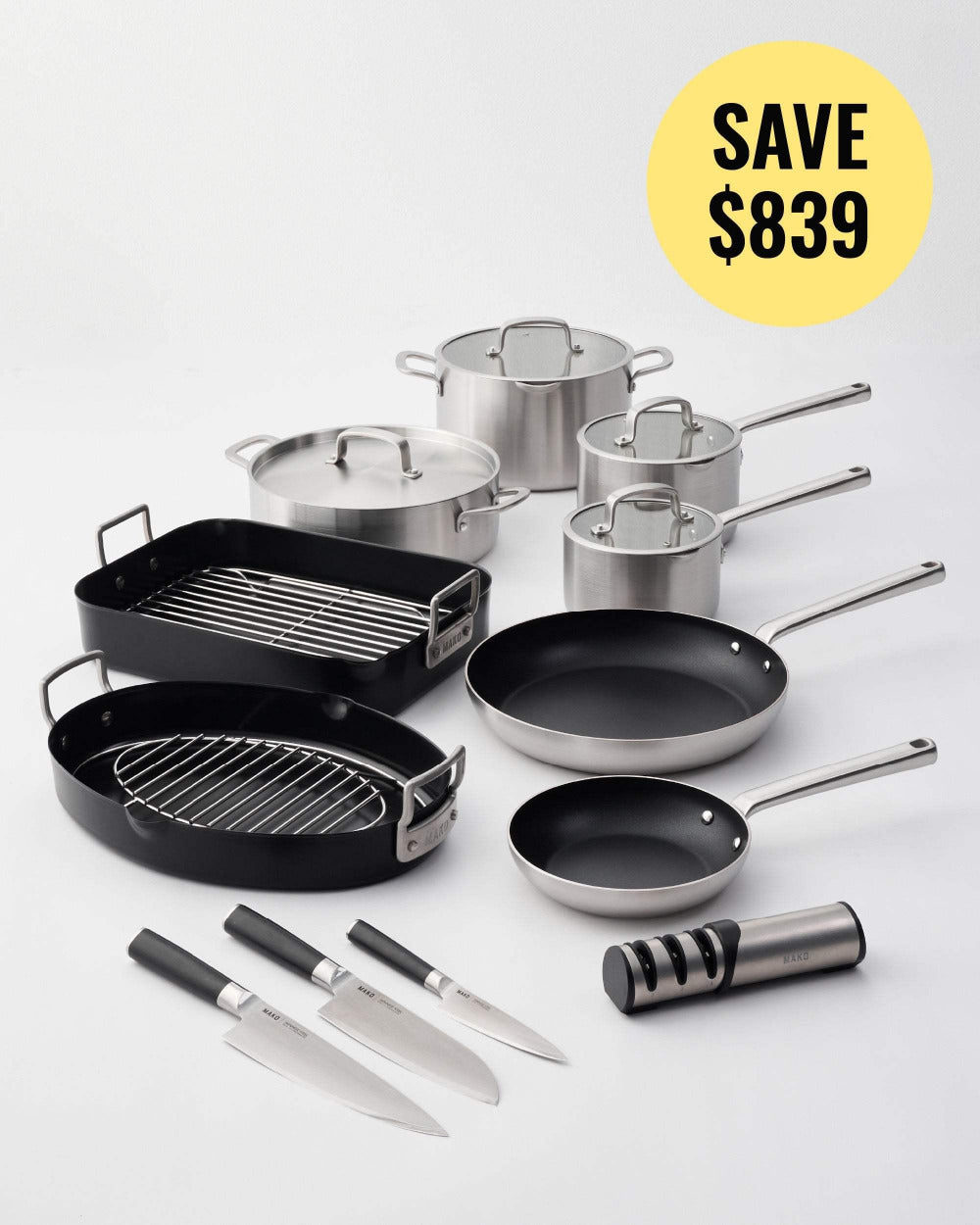 MAKO Cookware, Roasters & Knives Set (12 Piece Set) CookDineHost - side angle white background