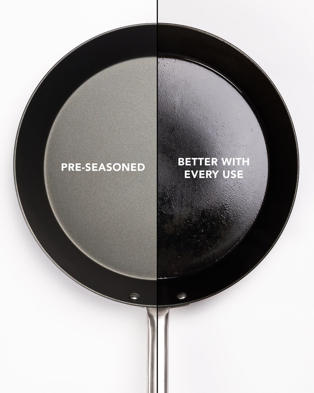 Mako black steel steak pan showing pre-seasoned and seasoned surfaces, stainless steel handle