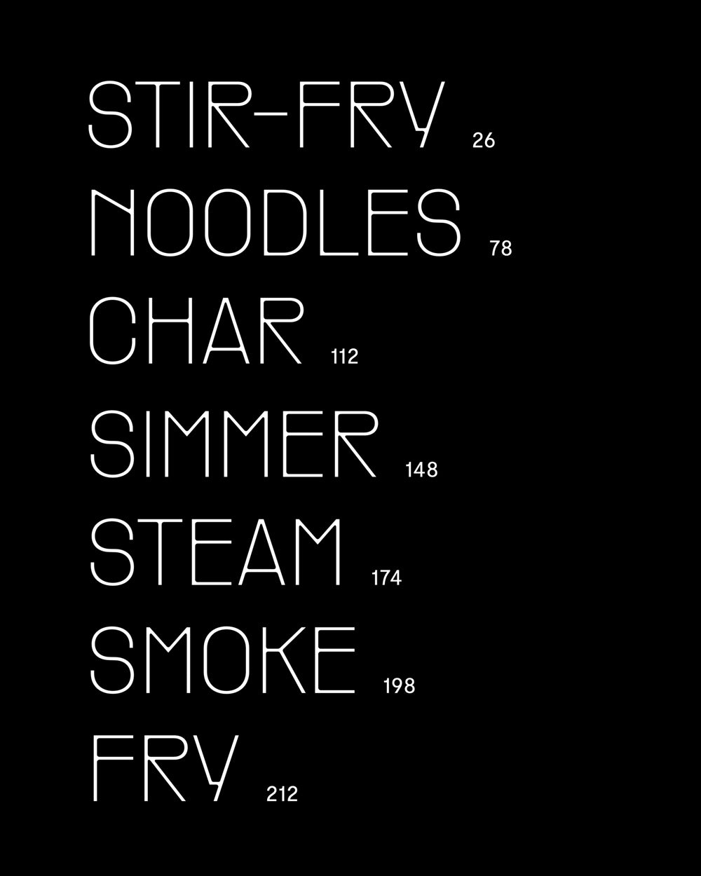 Black background with white text listing cooking techniques: stir-fry, noodles, char, simmer, steam, smoke, fry, each paired with a page number.