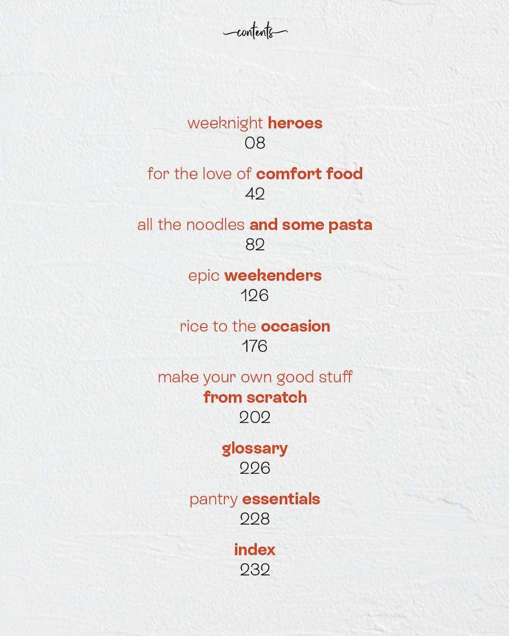 Table of contents page from Marion Grasby's cookbook listing chapters like comfort food and pantry essentials