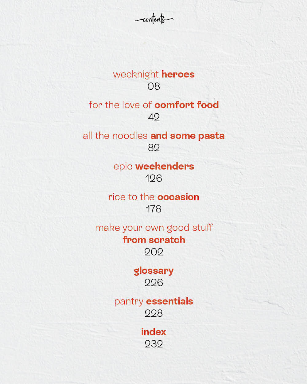 Cookbook table of contents page listing chapters on weeknight meals, comfort food, noodles, rice, from scratch recipes, glossary, pantry essentials, and index.
