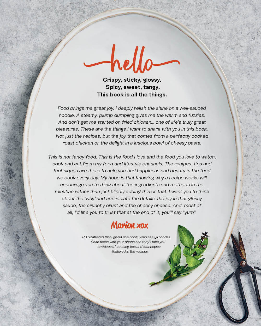 Oval ceramic plate with cookbook introduction text, fresh herbs, and kitchen scissors on gray background.