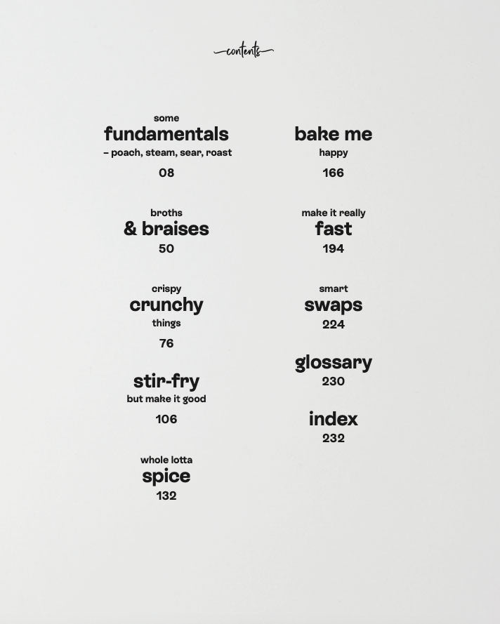 Cookbook contents page listing sections: fundamentals, broths, crunchy, stir-fry, spice, bake, fast, swaps, glossary, and index.