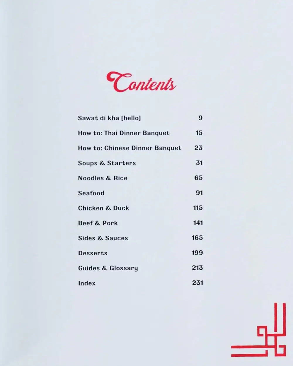 Contents page of Asian cookbook by Marion Grasby listing recipes for Thai, Chinese banquets, soups, seafood, and desserts