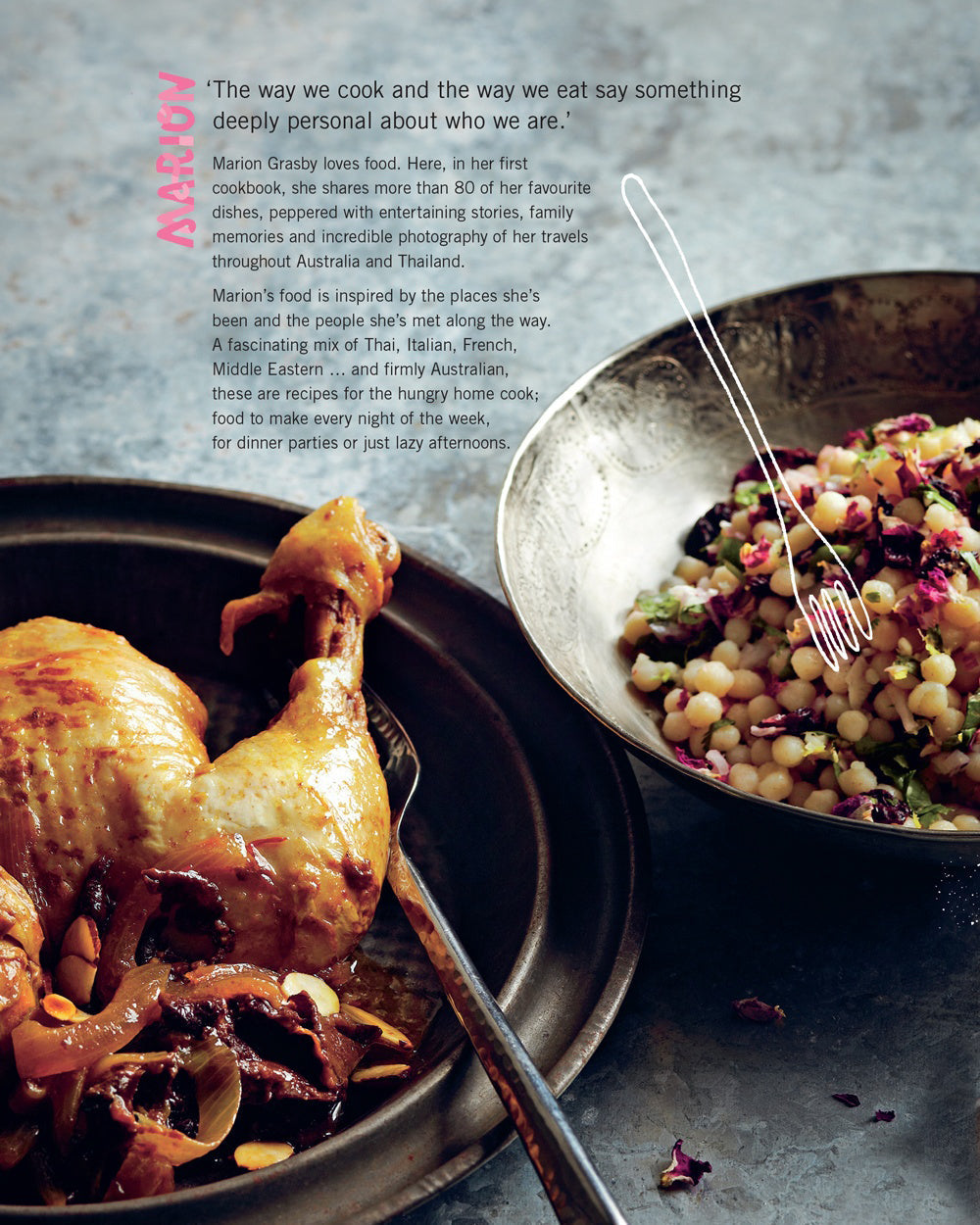 Cookbook page with a cooked chicken leg and vegetable couscous in bowls, recipe description text visible.